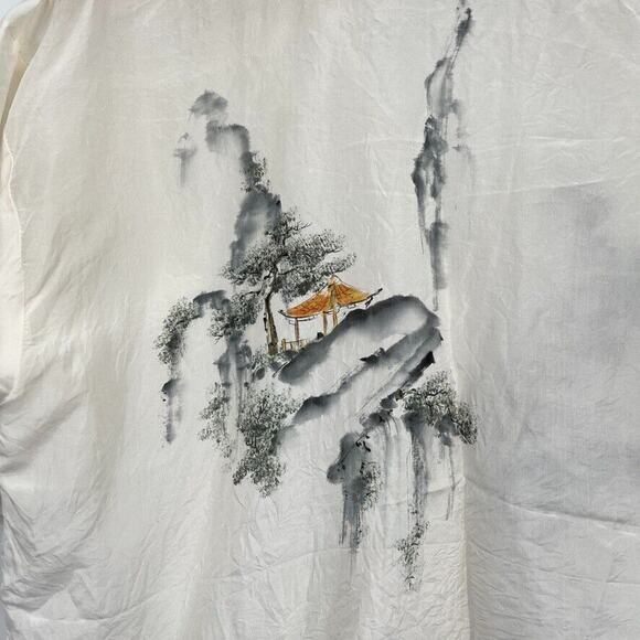 Unbranded Satin Ivory Asian Print Short Sleeve Oversized Button Up Top Small - Picture 8 of 9